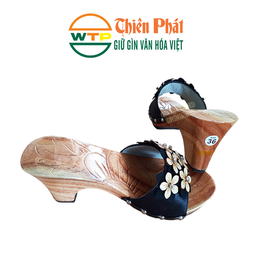 guốc mộc cho nữ cao 7cm quai đen đính hoa lấp lánh