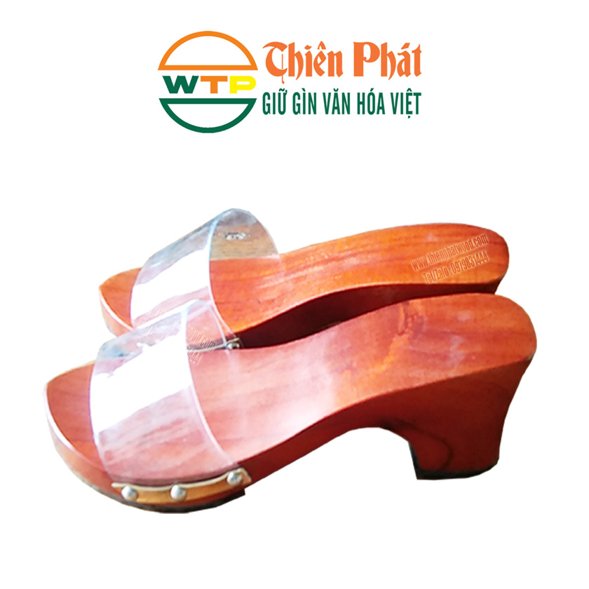 guốc gỗ nữ cao 7cm gót trụ kết hợp quai nhựa trong dễ đi