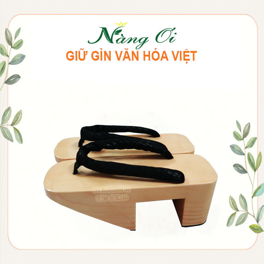 guốc gỗ nhật bản màu gỗ thong quai nhung đen